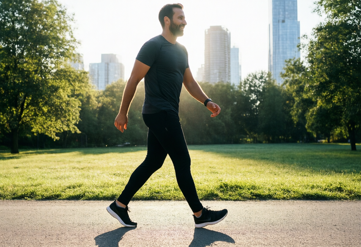 Homem a caminhar ao ar livre num parque urbano de manhã